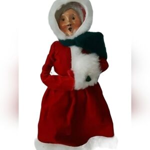 VTG BYERS CHOICE 1987 MRS SANTA CLAUS Glasses white Muff green scarf RED VELVET